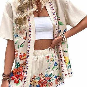 Floral Kimono with matching Shorts  Colorful Embroidery